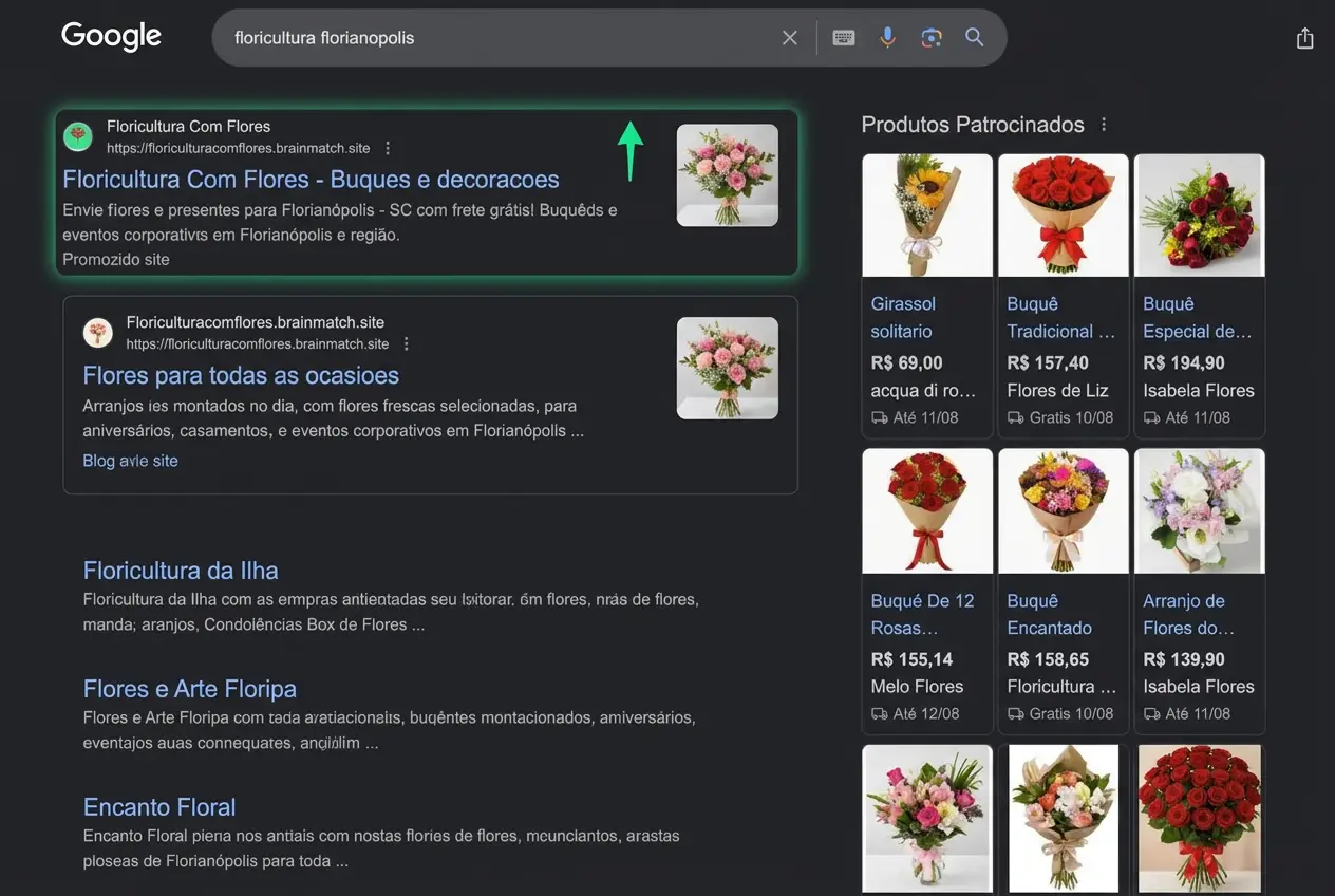 Resultado de busca do Google mostrando um site feito no BrainMatch