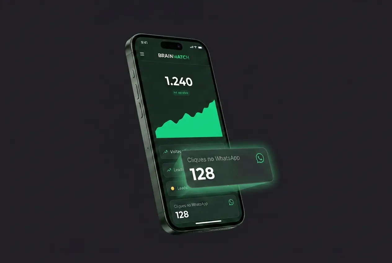 Painel do BrainMatch no celular com visitantes em tempo real